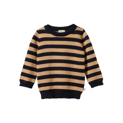 Merino Knit Pullover - Navy & Caramel