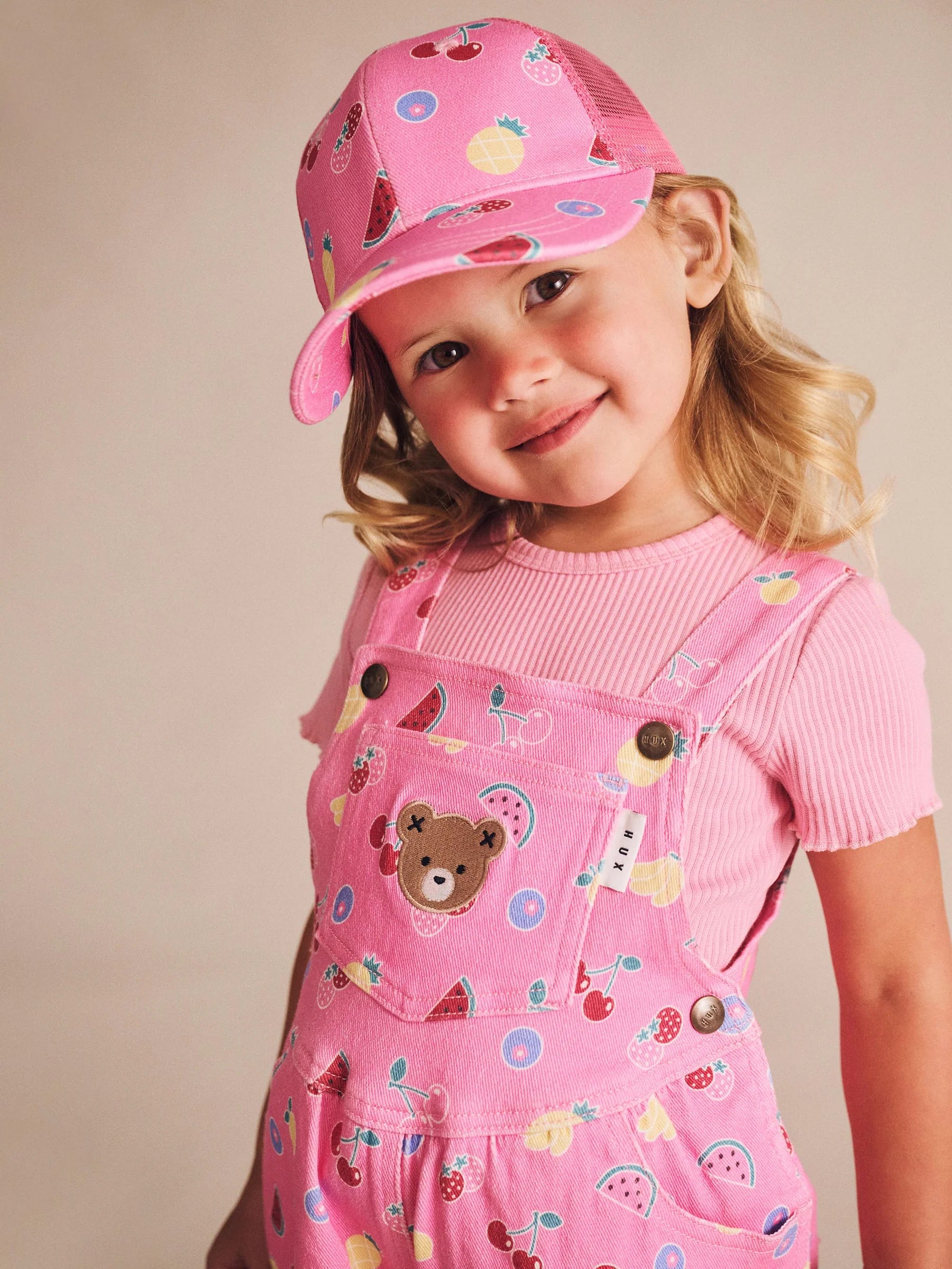 Huxbaby Pink Fruit Emoji Short Overalls