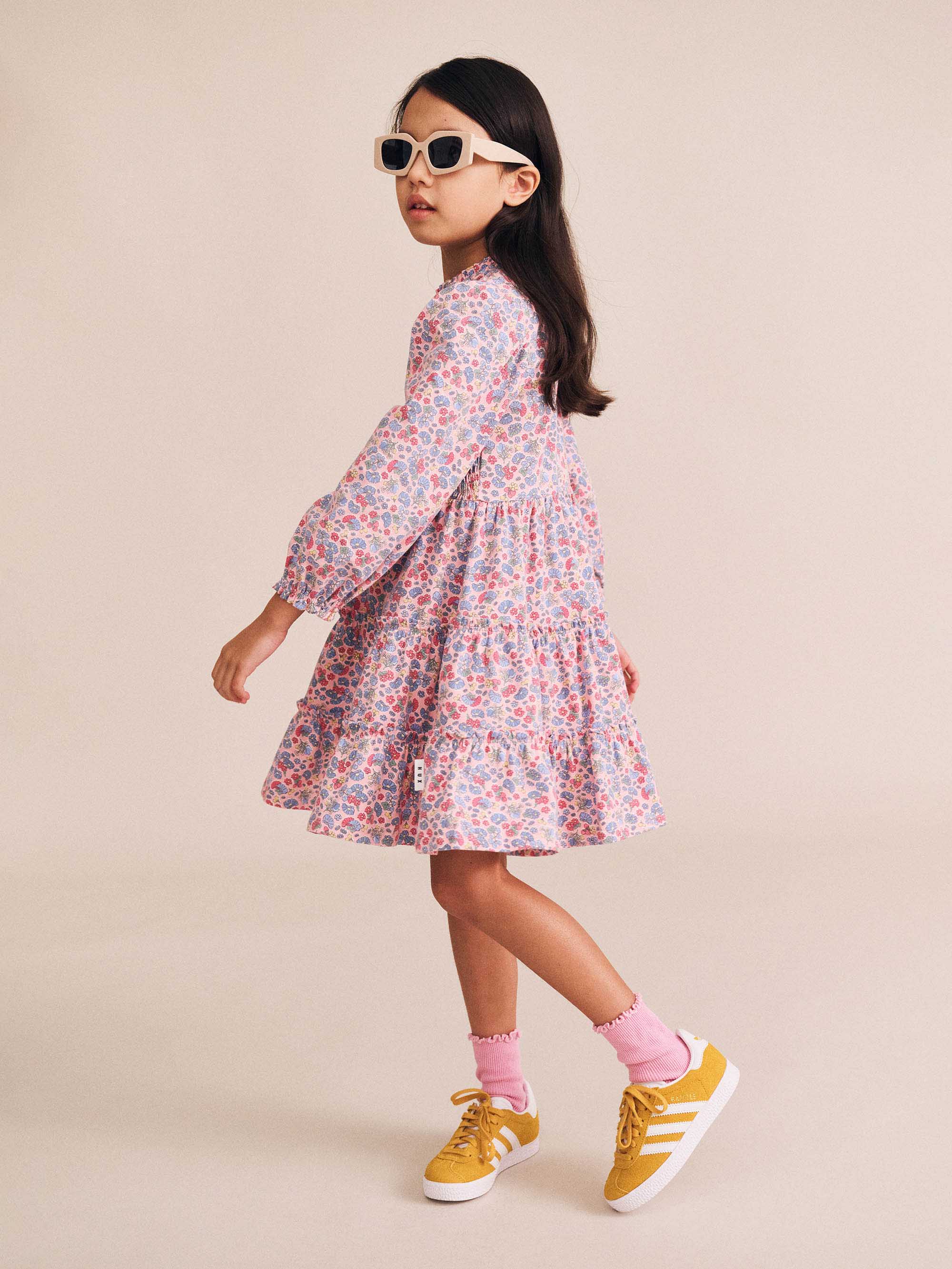 Huxbaby Vintage Floral Puff Long Sleeve Shirred Dress
