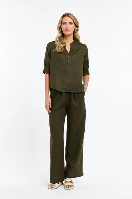 365 Days Bradley Linen Stitch Top - Khaki / White Stitch