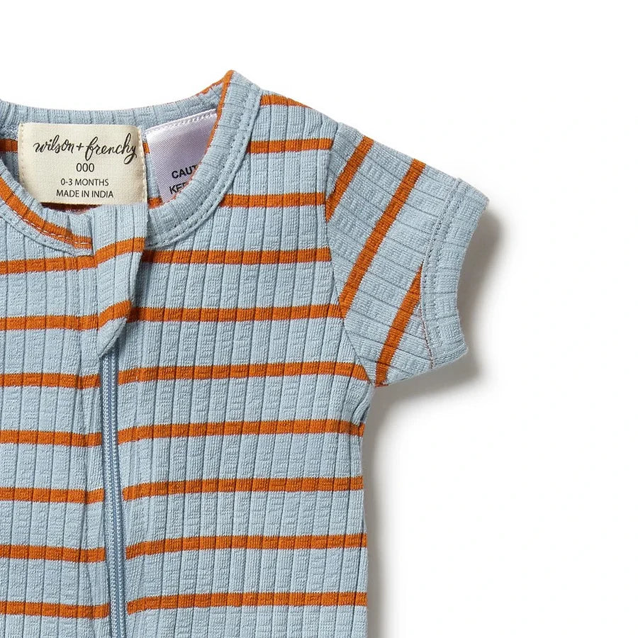 Wilson & Frenchy Organic Stripe Rib Zipsuit | Blue & Rust